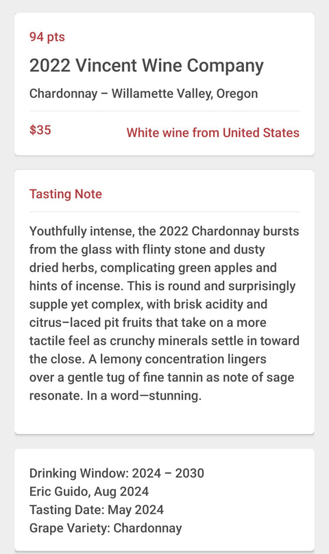 2022 Vincent Chardonnay "Tardive" Willamette Valley